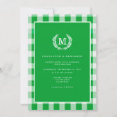 Green Gingham Monogram Wappen Einladung (Vorderseite)