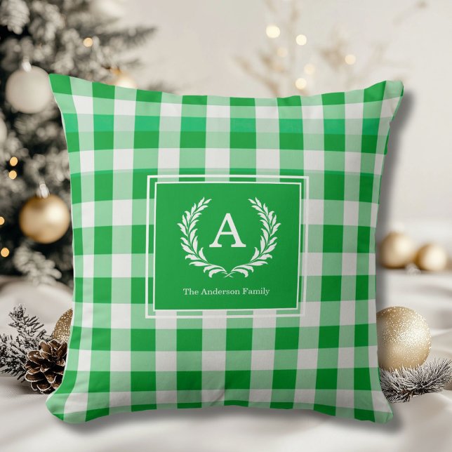 Green Gingham Monogram Wappen Kissen (Green Gingham Monogram Crest Throw Pillow)