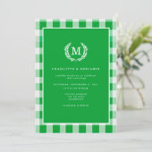 Green Gingham Monogram Wappen QR Code Einladung (Stehend Vorderseite)