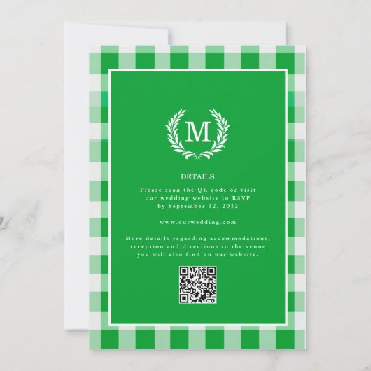 Green Gingham Monogram Wappen QR Code Einladung (Rückseite)