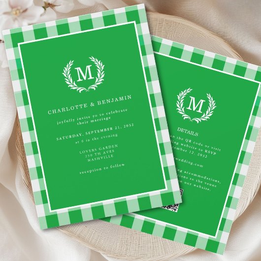 Green Gingham Monogram Wappen QR Code Einladung