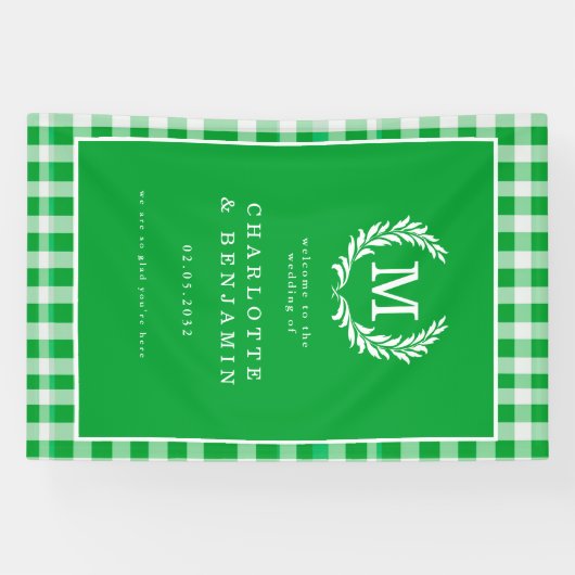 Green Gingham Monogram Wappen Wedding Welcome Banner (Horizontal)