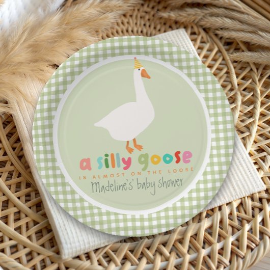 Green Gingham Neutral Silly Goose Baby Shower Pappteller