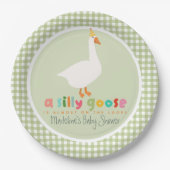 Green Gingham Neutral Silly Goose Baby Shower Pappteller (Vorderseite)