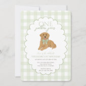 Green Gingham One Golden Year First Birthday Puppy Einladung (Vorderseite)