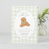 Green Gingham One Golden Year First Birthday Puppy Einladung (Stehend Vorderseite)