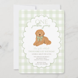 Green Gingham One Golden Year First Birthday Puppy Einladung