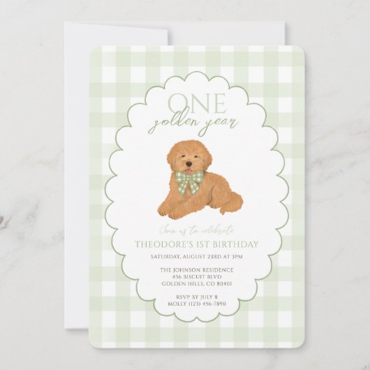 Green Gingham One Golden Year First Birthday Puppy Einladung (Vorderseite)