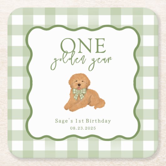 Green Gingham One Golden Year First Birthday Rechteckiger Pappuntersetzer (Vorderseite)