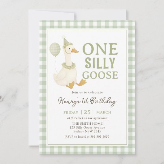 Green Gingham One Silly Goose Birthday Invitation Einladung (Vorderseite)