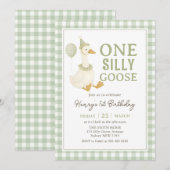 Green Gingham One Silly Goose Birthday Invitation Einladung (Vorne/Hinten)