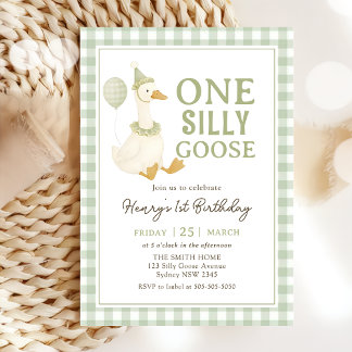 Green Gingham One Silly Goose Birthday Invitation Einladung