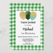 Green Gingham, Party Balloons 1. Geburtstag Einladung (Vorne/Hinten)