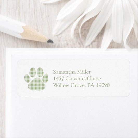 Green Gingham Paw Print Return Address Label (Insitu)