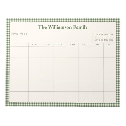 Green Gingham Plaid Month Family Planner Calendar  Notizblock (Vorderseite)