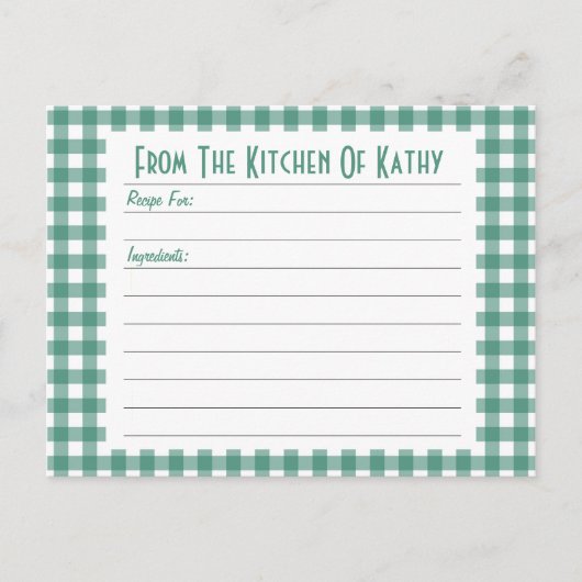 Green Gingham Recipe Card Postkarte (Vorderseite)