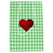 Green Gingham Red heart with Liebe Mittlere Geschenktüte (Vorderseite)