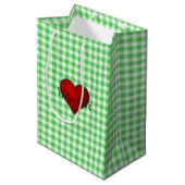 Green Gingham Red heart with Liebe Mittlere Geschenktüte (Vorderseite Schrägansicht)