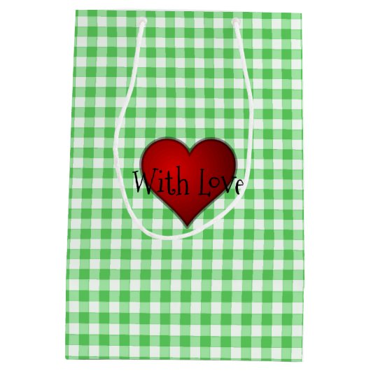 Green Gingham Red heart with Liebe Mittlere Geschenktüte (Rückseite)