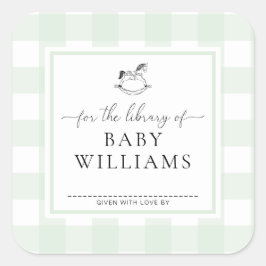 Green Gingham Rocking Horse Library of Buchzeichen Quadratischer Aufkleber