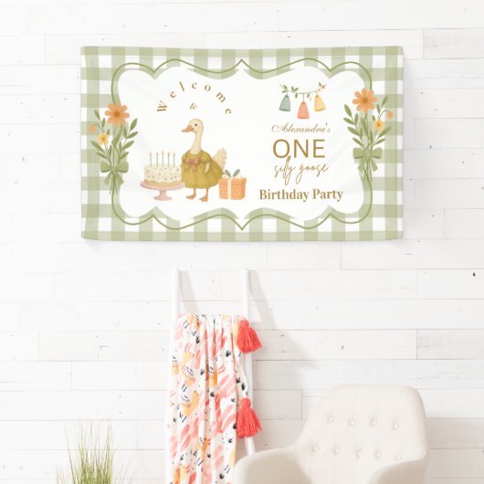 Green Gingham Silly Goose 1st Birthday Banner (Insitu)