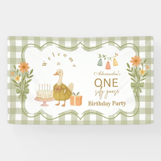 Green Gingham Silly Goose 1st Birthday Banner (Horizontal)