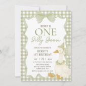 Green Gingham Silly Goose 1st Birthday Invitation Einladung (Vorderseite)
