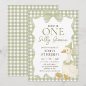 Green Gingham Silly Goose 1st Birthday Invitation Einladung (Vorne/Hinten)