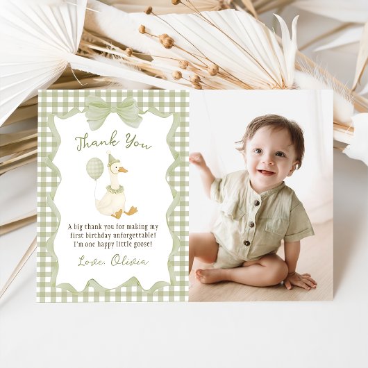 Green Gingham Silly Goose Birthday Photo Dankeskarte