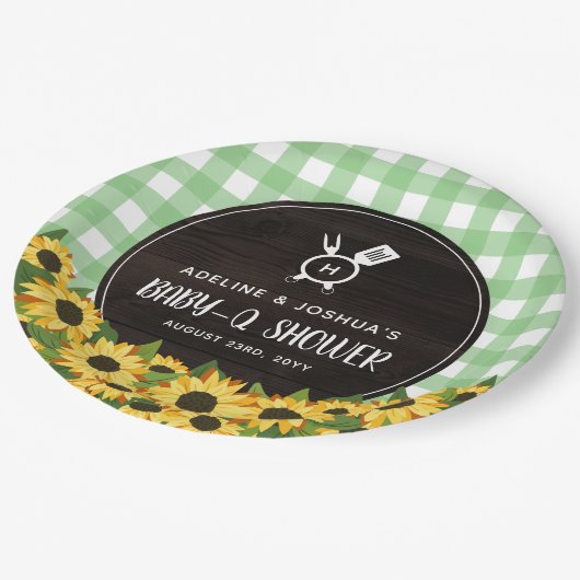 Green Gingham & Sunflowers Rustic Baby-Q Dusche Pappteller (Schrägansicht)
