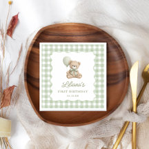 Green Gingham Teddy Bear Birthday Napkins