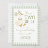 Green Gingham Two Silly Goose Birthday Invitation Einladung (Vorderseite)