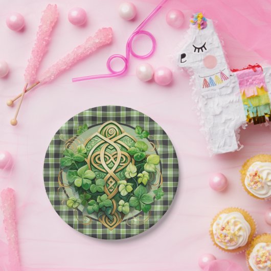 Green Gingham und Celtic Triskele Pappteller (Party)