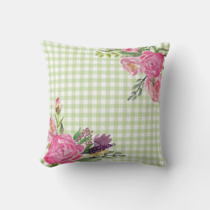 Green Gingham und Pink Peonies Outdoor Pillow Kissen Für Draußen