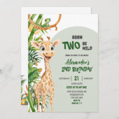 Green Giraffe Born Two Wild Safari Second Birthday Einladung (Vorne/Hinten)
