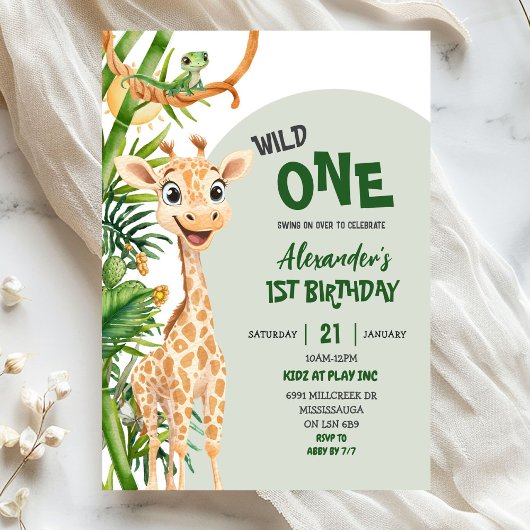 Green Giraffe Wild One Safari First Birthday Einladung