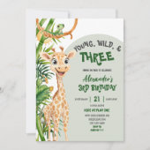 Green Giraffe Young Wild Three Third Birthday Einladung (Vorderseite)