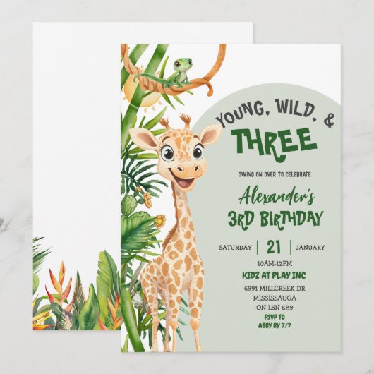 Green Giraffe Young Wild Three Third Birthday Einladung (Vorne/Hinten)