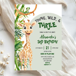 Green Giraffe Young Wild Three Third Birthday Einladung