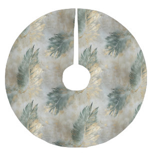 Green Glam Chic Gold Weiße tropische Blätter Polyester Weihnachtsbaumdecke