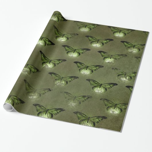 Green Glimmer Vintag Butterfly Geschenkpapier (Ungerollt)