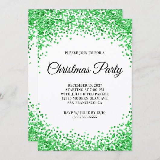 Green Glitter Border White Christmas Party Einladung (Vorne/Hinten)
