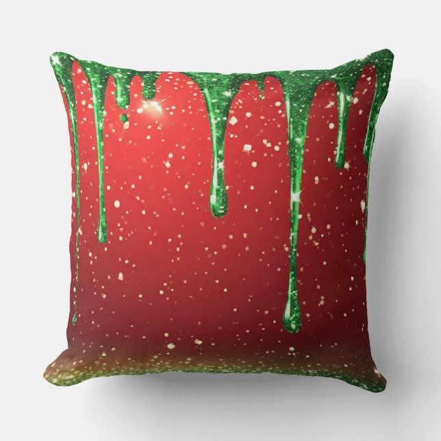 Green Glitter Drip Over Red Background Kissen (Vorderseite)