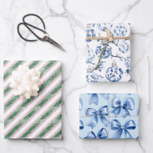 Green Glitzer Blue Ornaments Bows Weihnachten Geschenkpapier Set
