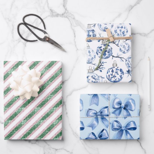 Green Glitzer Blue Ornaments Bows Weihnachten Geschenkpapier Set (Vorderseite)