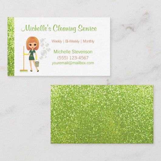 Green Glitzer Cartoon Reinigungsservice Maid House Visitenkarte (Vorne/Hinten)