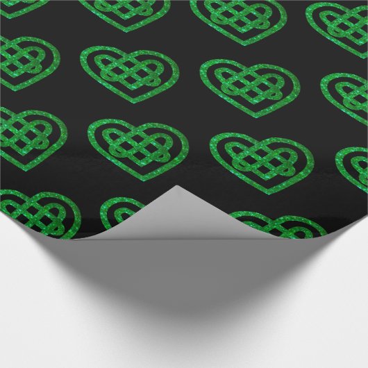 Green Glitzer Celtic Heart Knot Pattern Paper Geschenkpapier (Ecke)
