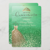 Green Glitzer Chic Gold Kleid tiara Quinceañera I Einladung (Vorne/Hinten)
