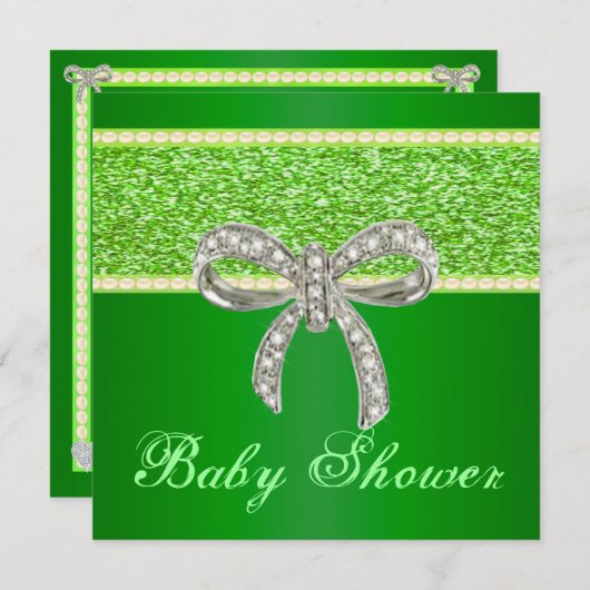 Green Glitzer Diamond Bow Baby Shower Einladung (Vorne/Hinten)