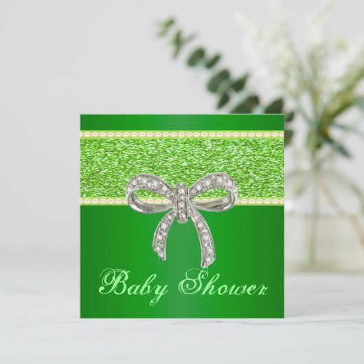 Green Glitzer Diamond Bow Baby Shower Einladung (Stehend Vorderseite)